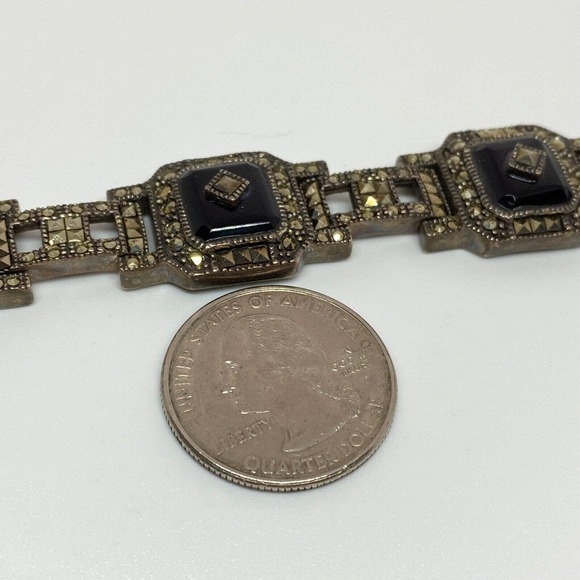 Vintage 925 Sterling Silver Marcasite Black Onyx Panel Deco Bracelet 8 3/8" - Picture 4 of 9